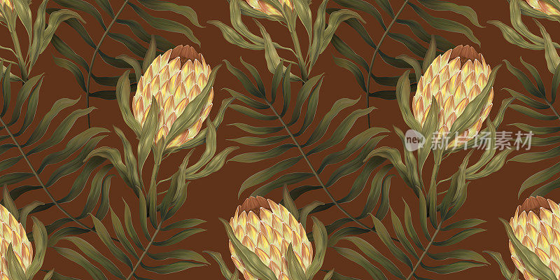 热带异国情调的无缝图案与热带树叶的金色万花筒花。手绘3 d演示。适用于设计壁纸，织物印刷，包装纸，布料，笔记本封面。